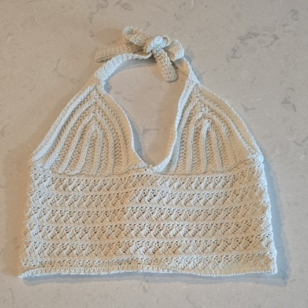 Romwe Cream Crochet Halter Crop Top Lace Up Back Boho Festival Knit Large